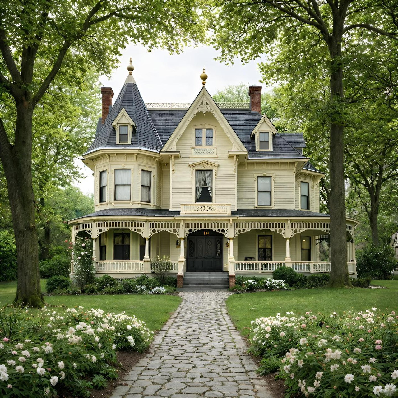 Yellow Victorian house with turret and porch surrounded by garden and trees