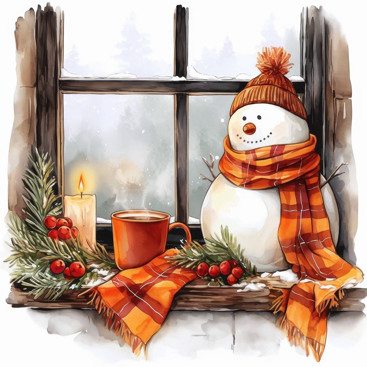 Snowman wearing orange plaid scarf sits on snowy windowsill with candle, mug, and winter greenery