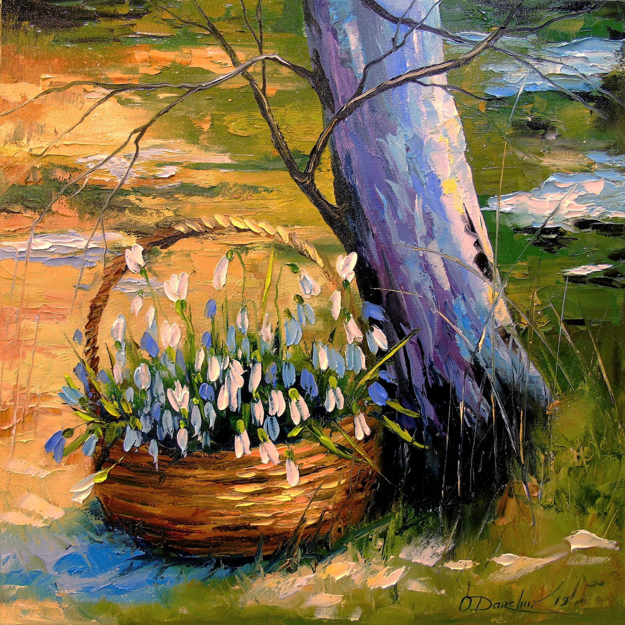 Impressionist painting of snowdrops in basket by tree with sunlit ground