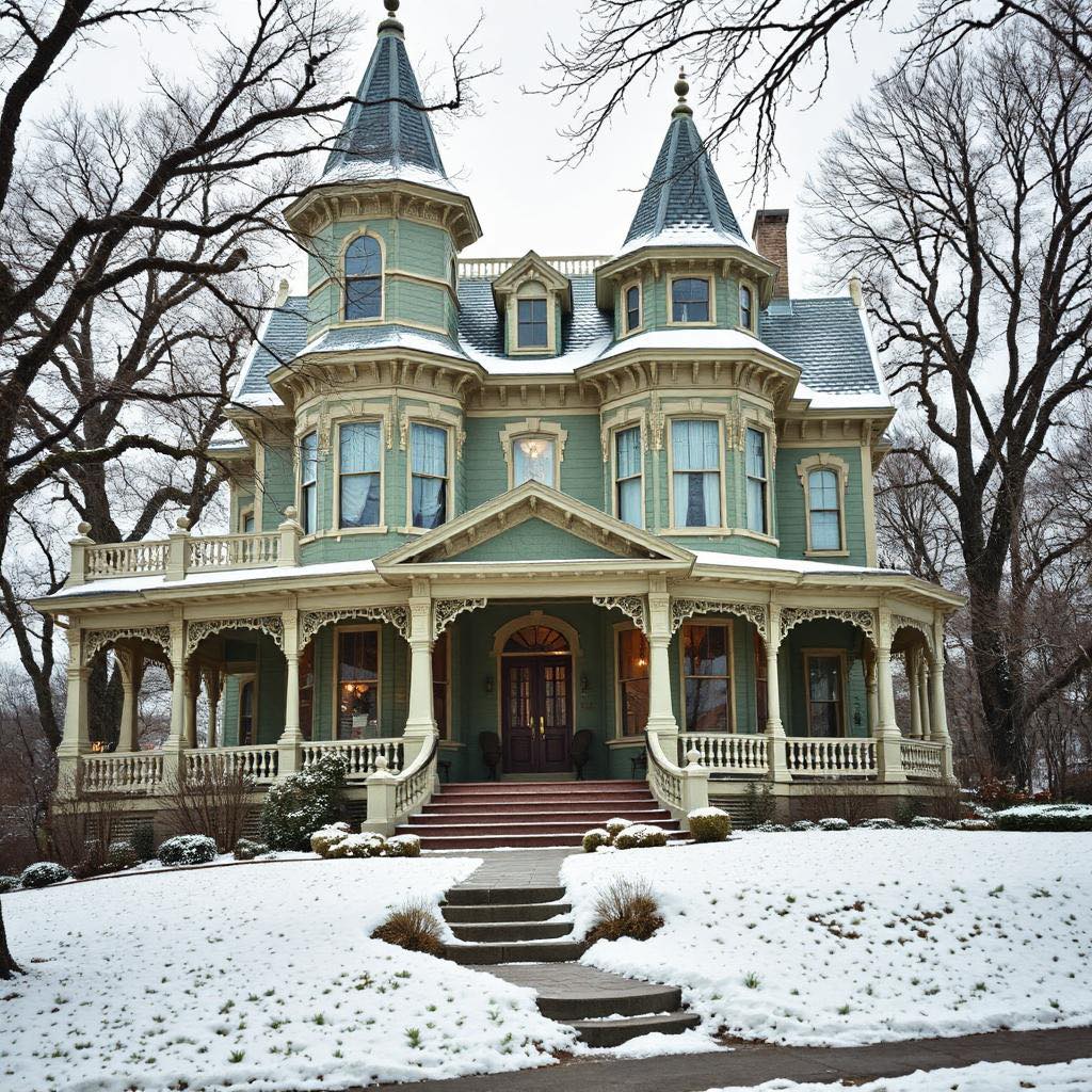 Grand Victorian mansion with twin turrets and ornate porch covered in snow