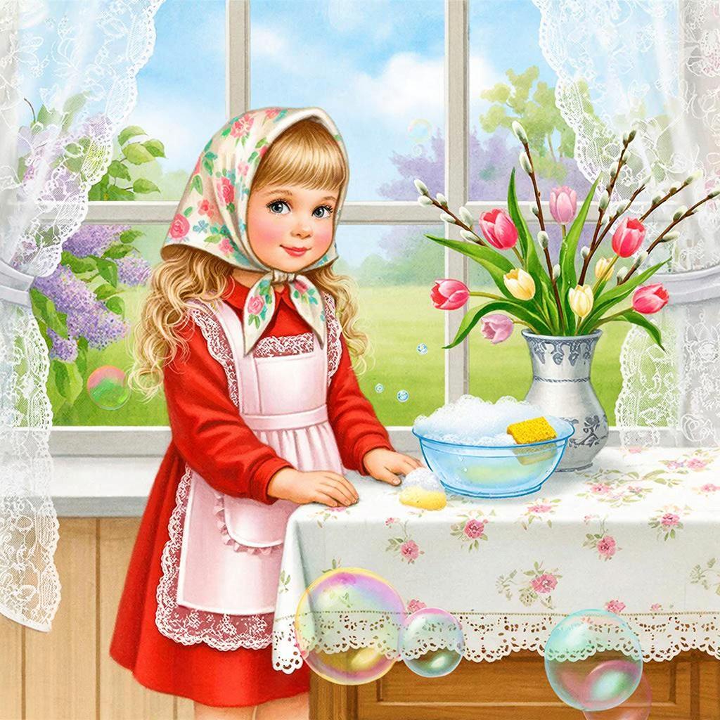 Young girl in red dress and apron washing dishes by window with flowers