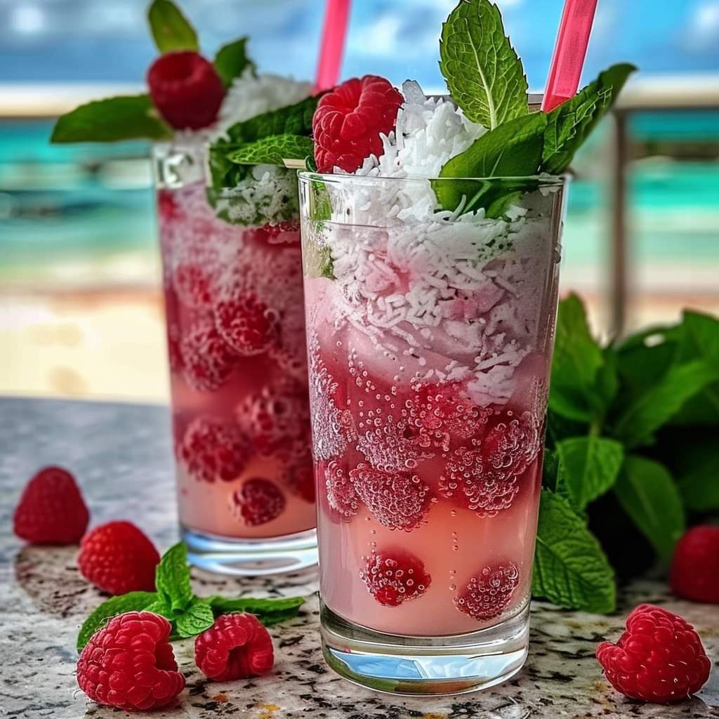 Two tall glasses of iced raspberry drinks garnished with mint leaves and pink straws on a beach table with ocean view