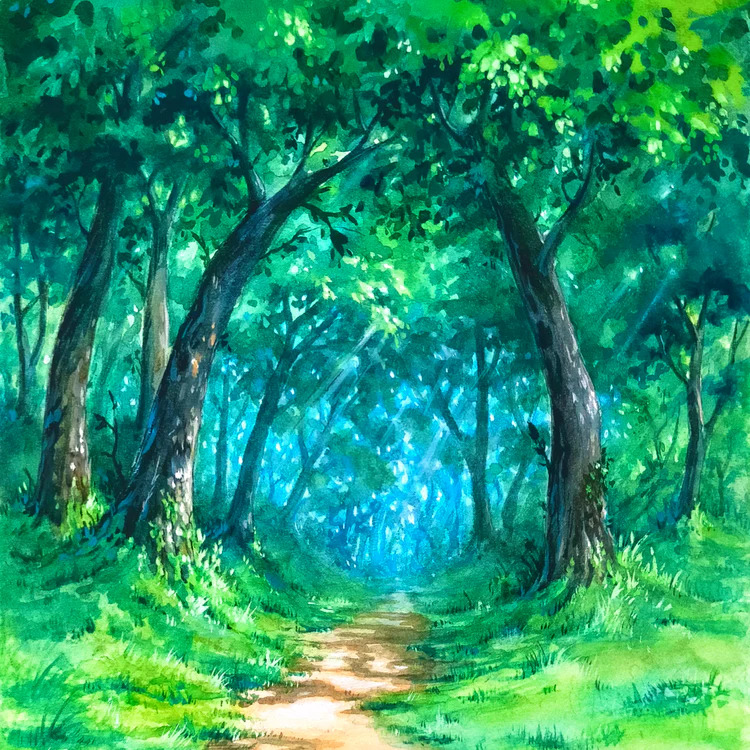 Painting of a green forest path beneath arching trees