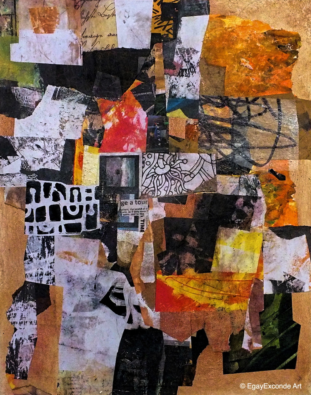Abstract mixed-media collage with layered paper pieces in black, white, orange, and red tones