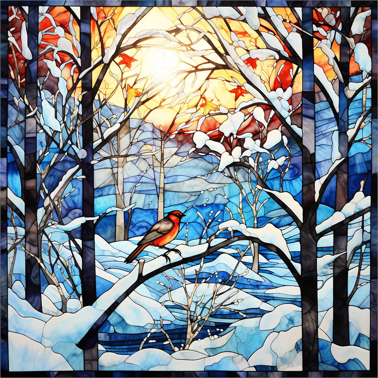 Stained glass winter forest scene with cardinals on snowy birch trees and stream at sunset