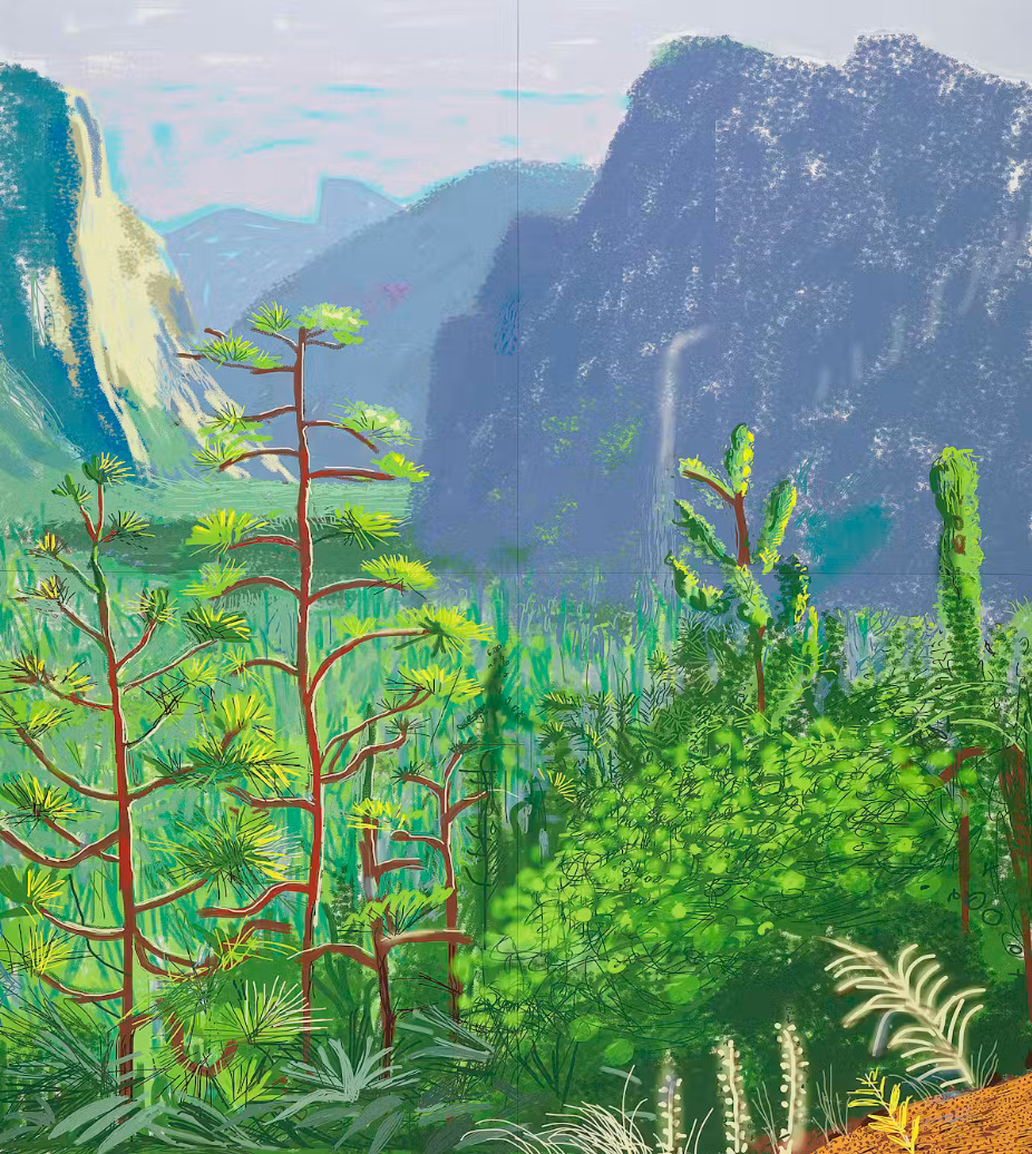 Colorful painting of Yosemite Valley with pines, dense green shrubs, and tall blue-gray cliffs