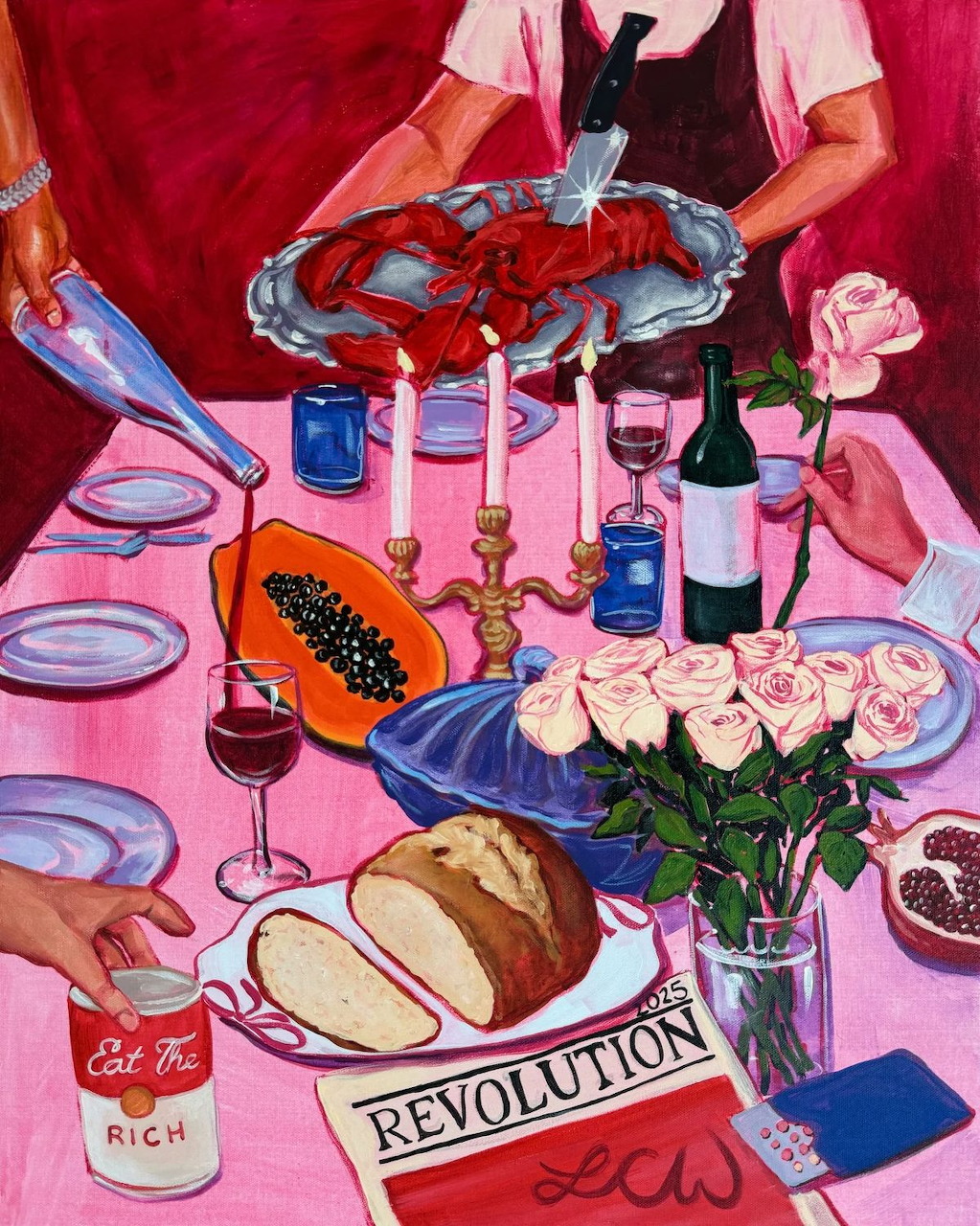 Colorful painting of a dinner table with lobster, roses, candles, wine, bread, and a Revolution newspaper