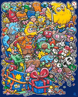 Crowded illustration of colorful cartoon monsters, animals, and playful characters in doodle art style