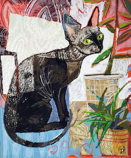 Mixed media collage of a black cat with tropical leaves and colorful abstract background