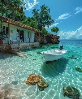 White cottage by a tropical beach with a small boat in clear turquoise water