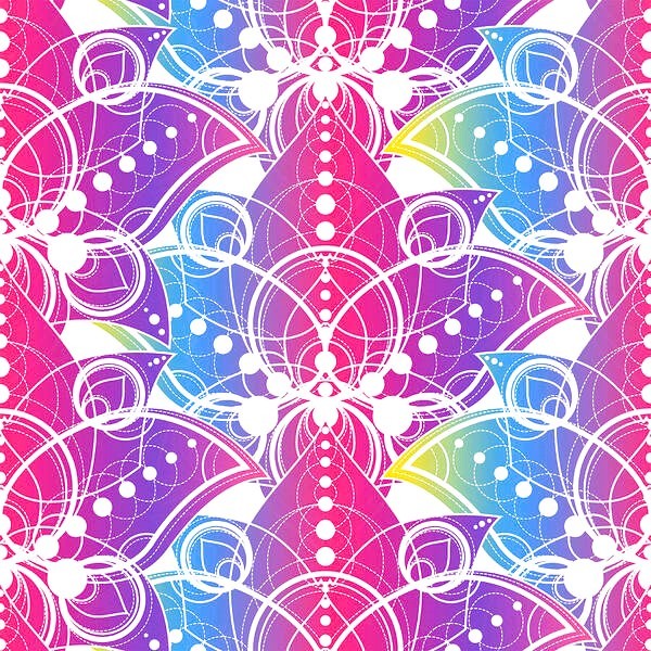 Colorful symmetrical mandala pattern with geometric shapes in pink, purple, blue and yellow