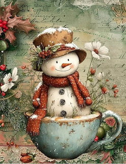 Snowman figurine in polka-dot mug with holiday decorations