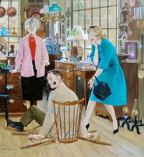 Three women examining items in an antique shop with furniture, lamps, and vintage decor