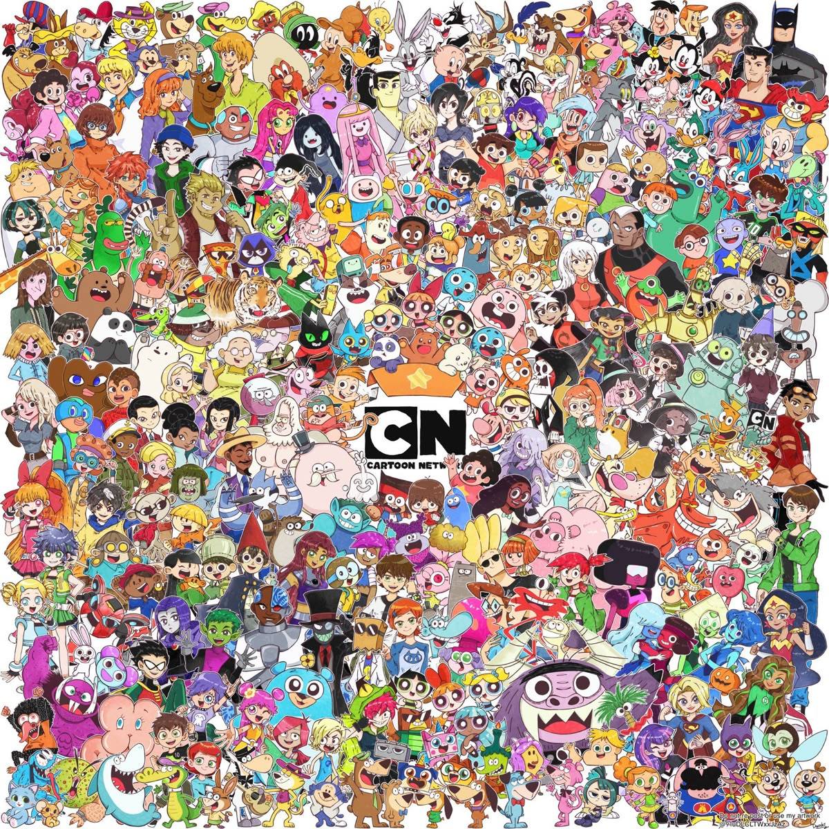 Colorful collage of many cartoon characters surrounding a central logo on a white background