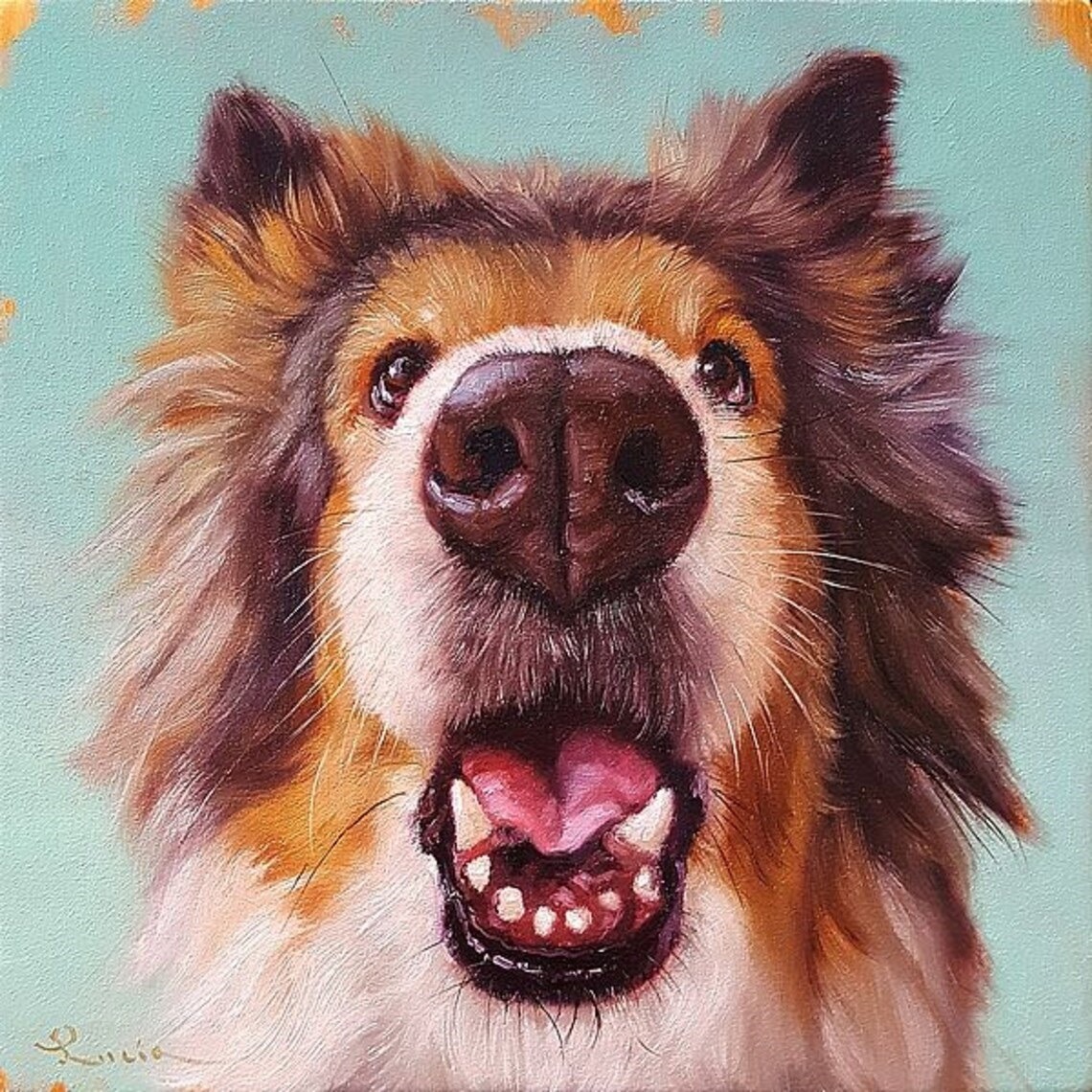 Close-up painting of a fluffy brown and white dog with mouth wide open in an exaggerated expression