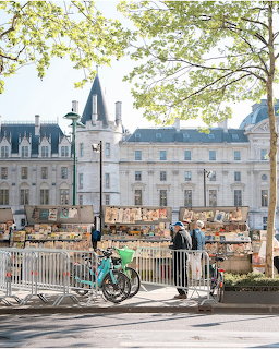 Outdoor market with vintage goods in Paris, historic building and trees behind