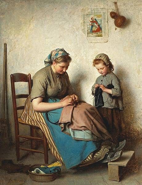Woman and child weaving basket in vintage painted interior scene