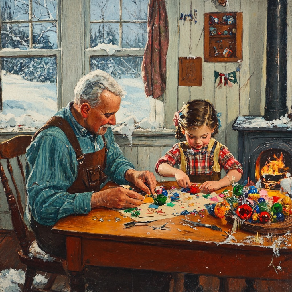Grandmother and child decorating cookies at table near snowy window in warm kitchen