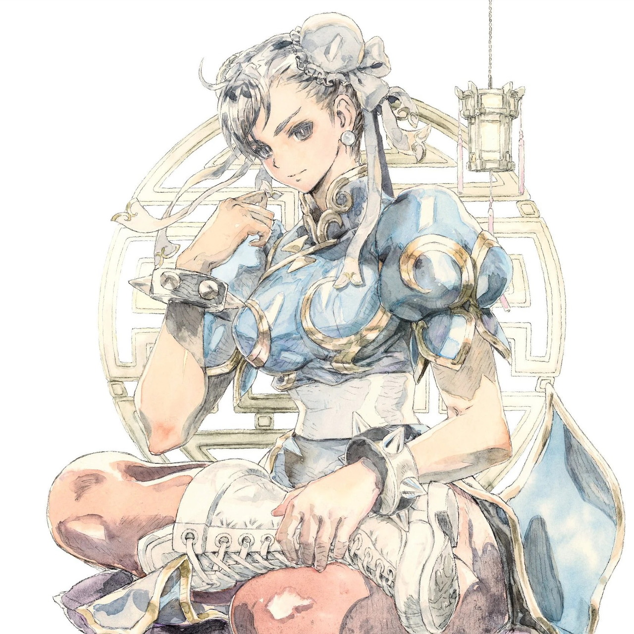 Watercolor illustration of Chun-Li in blue outfit seated with ornate circular design behind her