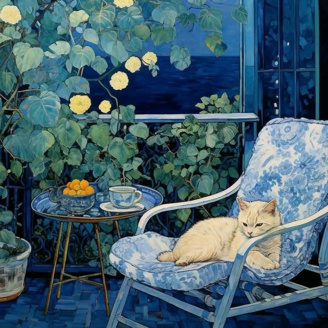 Orange cat lounging on blue floral chair beside yellow roses on terrace