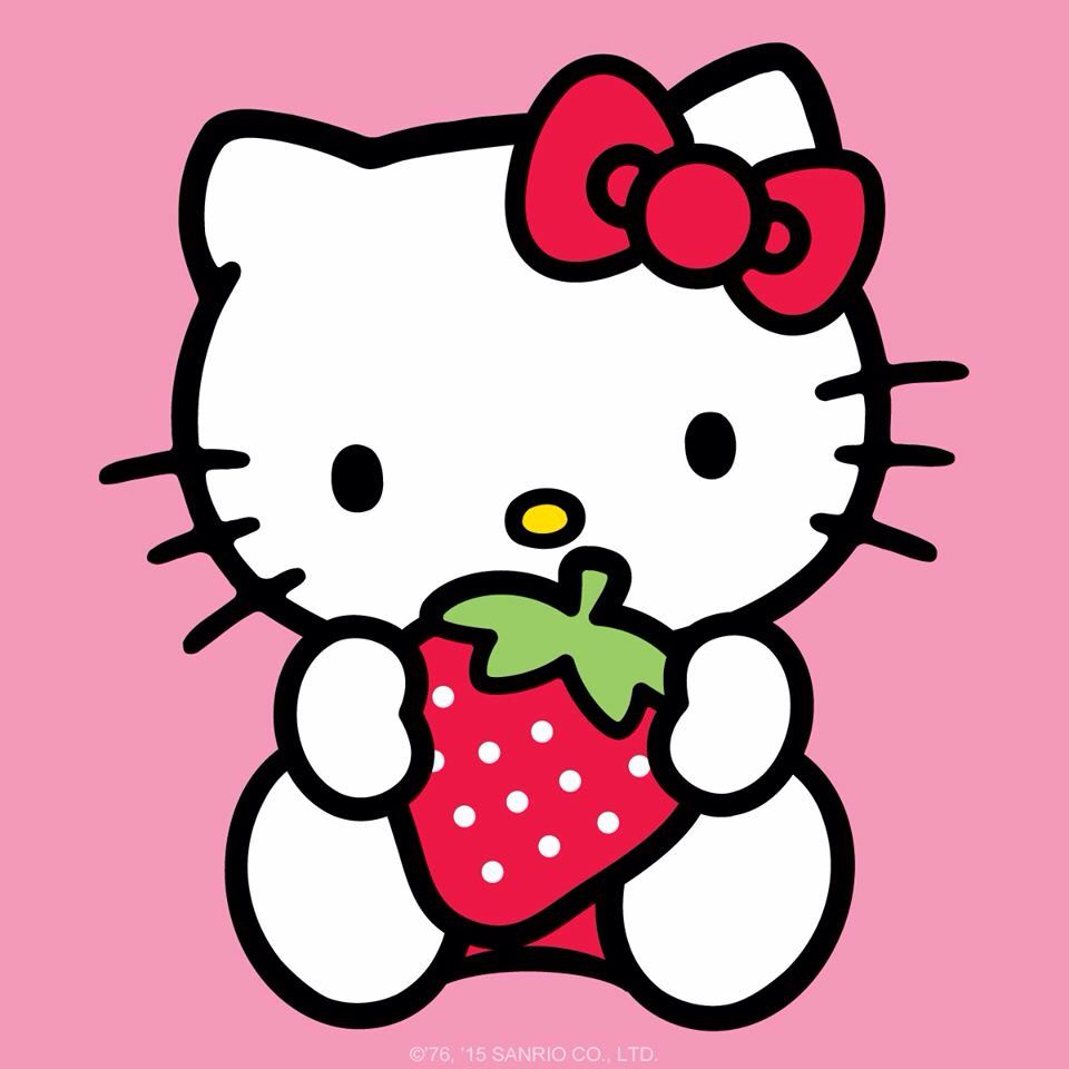 Hello Kitty holding a red strawberry on pink background