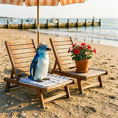 Penguin figure in a hat on a wooden beach chair by the sandy shore with flowers and the sea