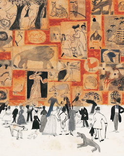 Illustration of people and dogs viewing framed animal and figure artworks on a gallery wall