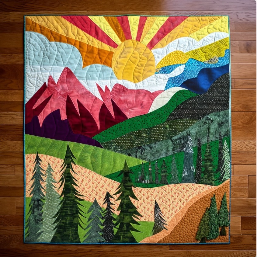 Colorful quilted fabric art showing mountains, sun, trees, and hills in patchwork design
