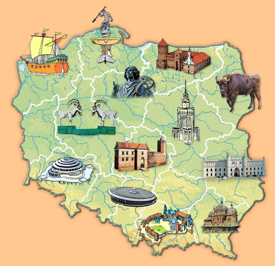 Illustrated map of Poland with regional landmarks, monuments, and cultural icons placed across provinces