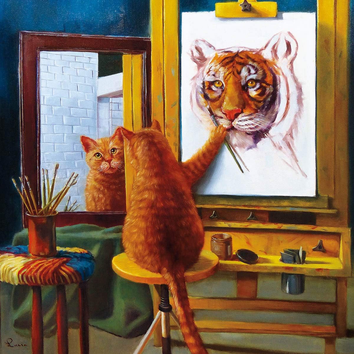 Orange tabby cat standing at an easel painting a tiger face, with cat's reflection in a nearby mirror