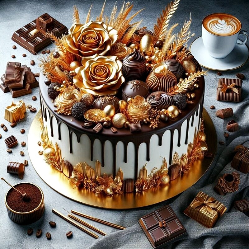 Chocolate drip cake with gold roses, wheat, truffles, chocolates, and a cup of coffee