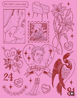 Pink tattoo flash sheet with hearts, flowers, heron bird, couple silhouettes, and retro doodles on pink background