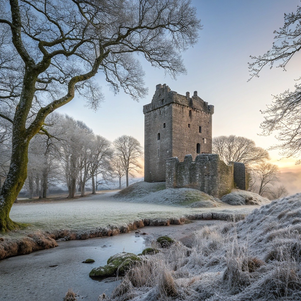 Stone castle tower in a frosty winter field beside a stream at sunrise