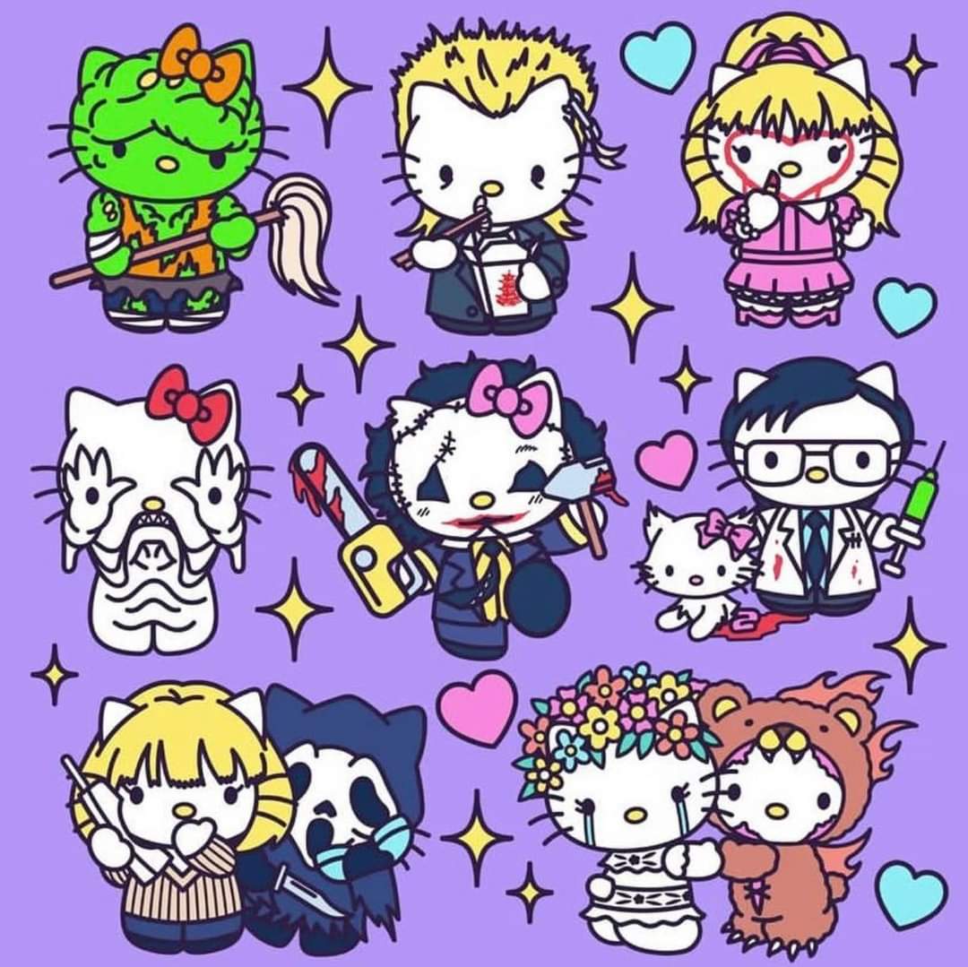 Hello Kitty and friends in different outfits arranged in a 3x3 grid on purple background with decorative stars and hearts