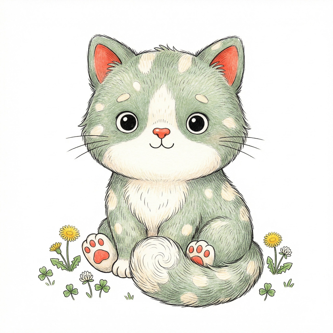 Cute cartoon kitten with big eyes and fluffy fur sitting with flowers