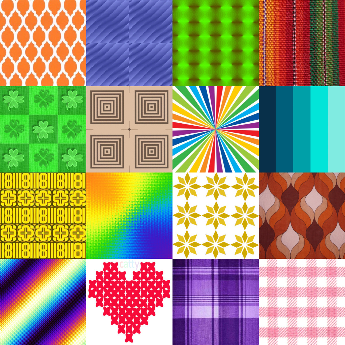 Grid of 16 colorful pattern squares with geometric and decorative designs
