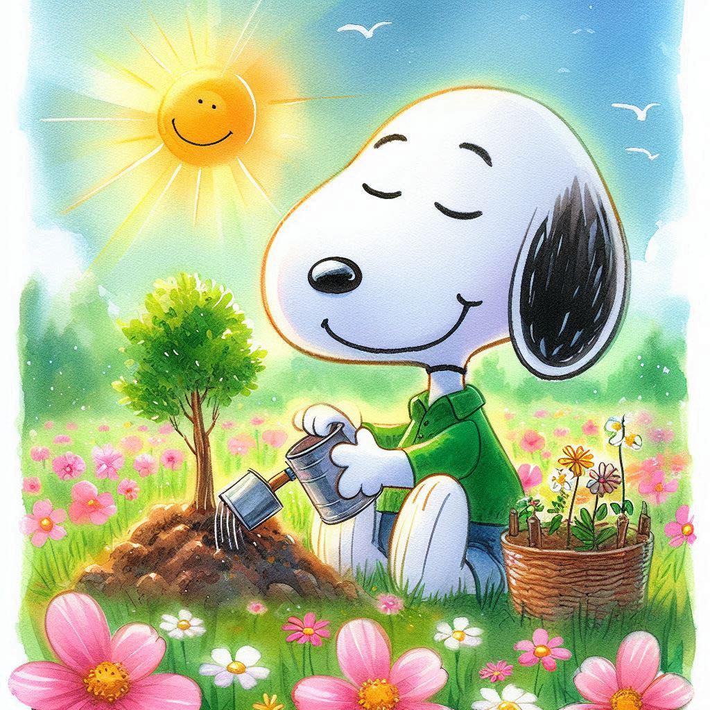 Snoopy dog sitting in a flower garden with sun, tree, and basket of flowers