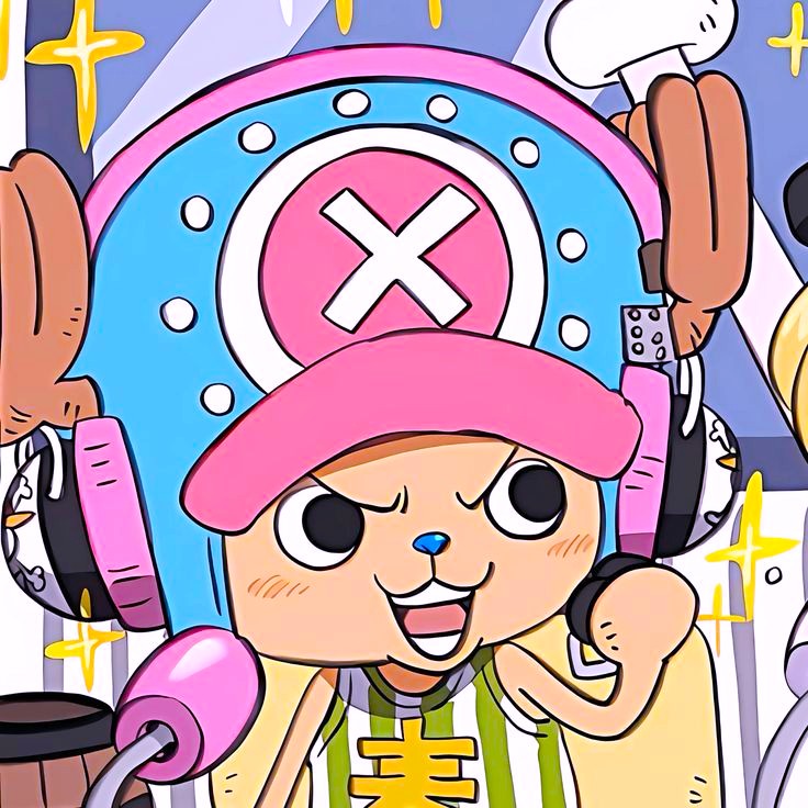 Anime character Chopper from ONE PIECE with pink hat and blue X symbol, smiling with raised fist