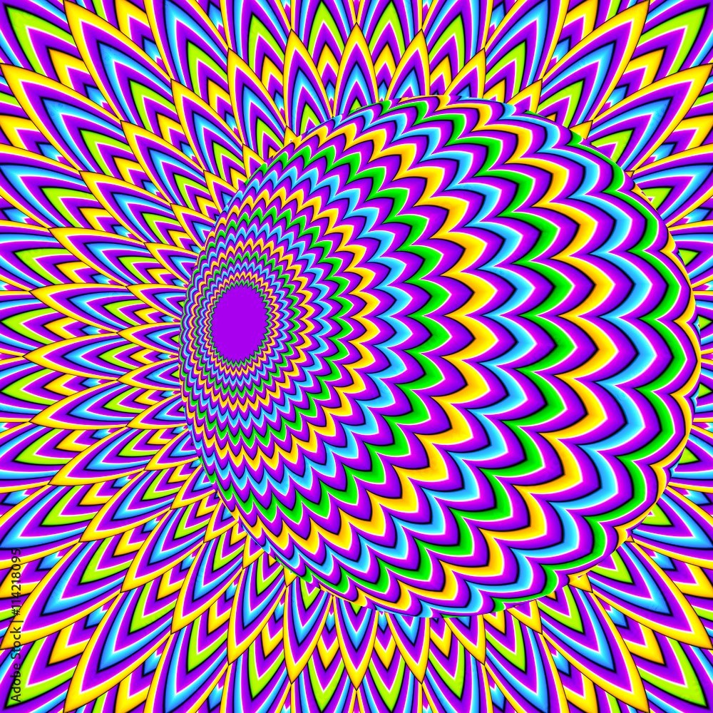 Colorful radiating zigzag optical illusion pattern in purple, green, yellow, and blue