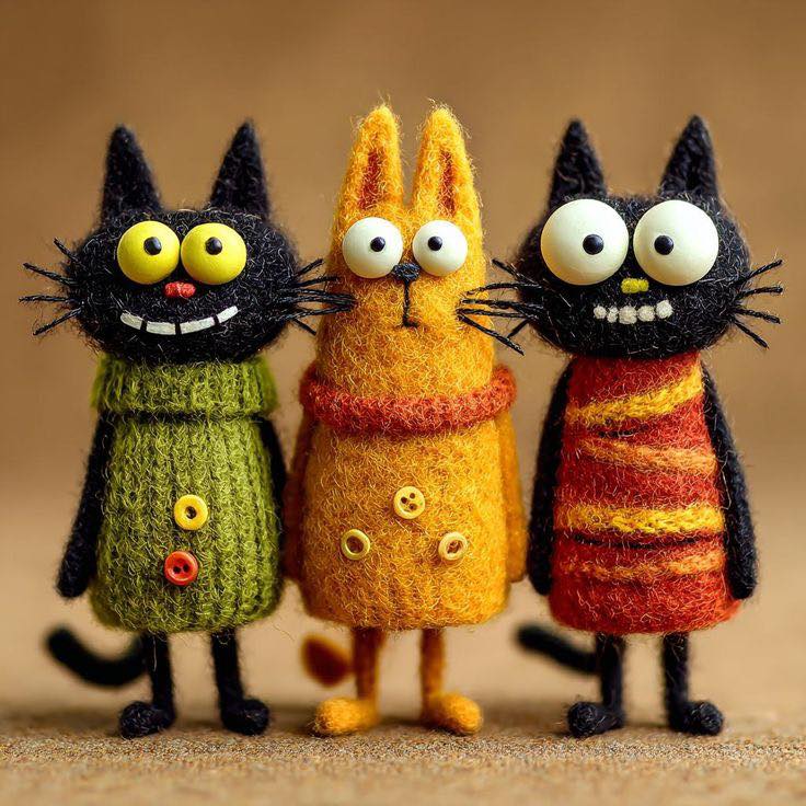 Three handmade felted cat toys with large googly eyes and knitted sweaters standing in a row