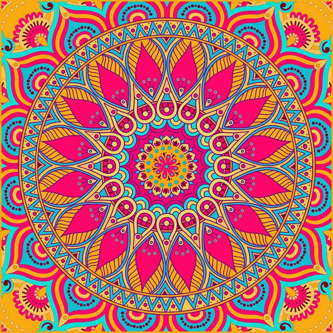 Intricate mandala with pink petals, yellow center, and turquoise and orange geometric patterns in radial symmetry