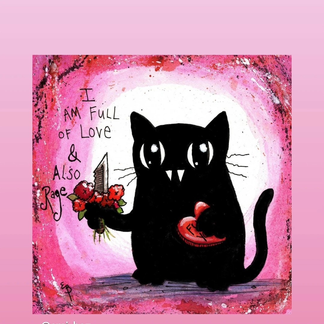 Whimsical black cat painting holding a knife and flowers on a pink background