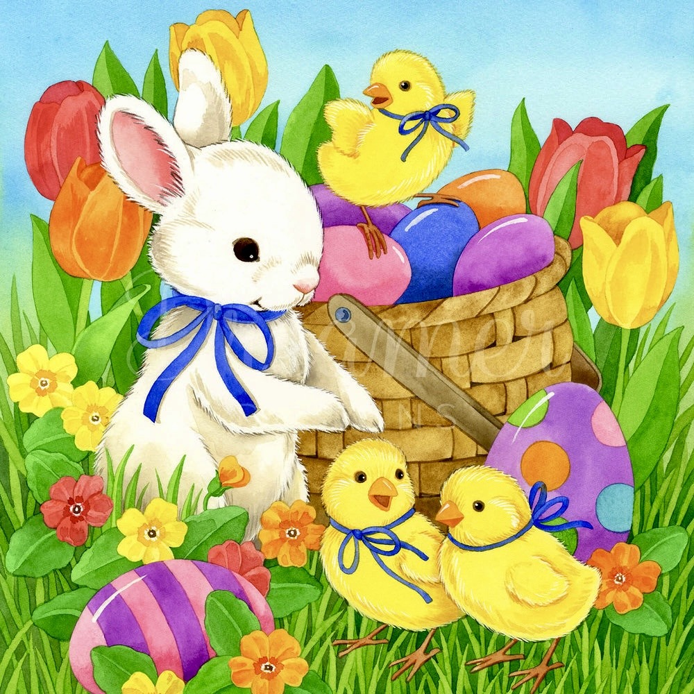 Illustration of a white bunny, Easter basket, chicks, colorful eggs, tulips, and spring flowers