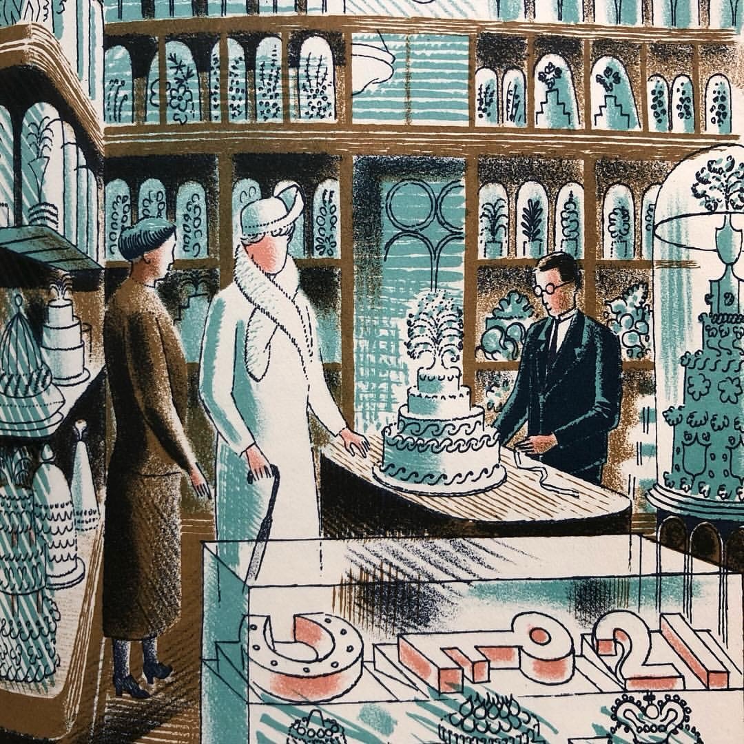 Stylized shop interior with three figures, ornate tiered cakes, and decorative shelves