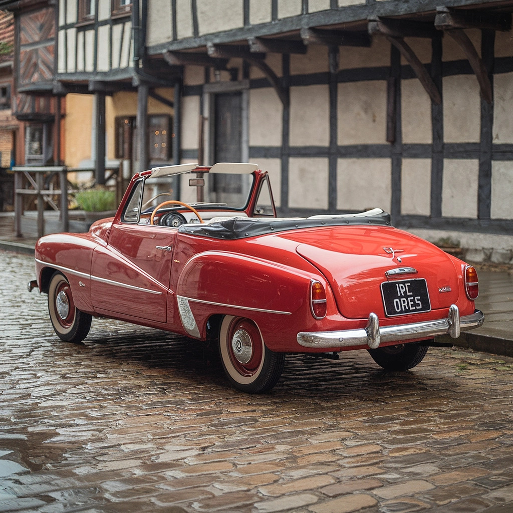 Vintage red Opel Kadet convertible with white wall tires on cobblestone street with half-timbered buildings behind