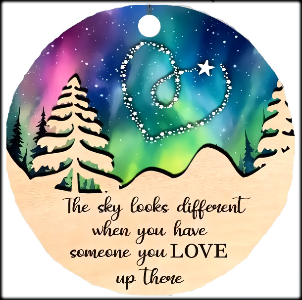 Round illustration with snowy trees, a heart in the starry sky, and a memorial quote