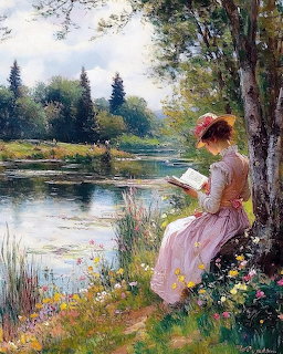 Woman in pink dress and hat reading beside peaceful lake with trees and flowers in impressionist style