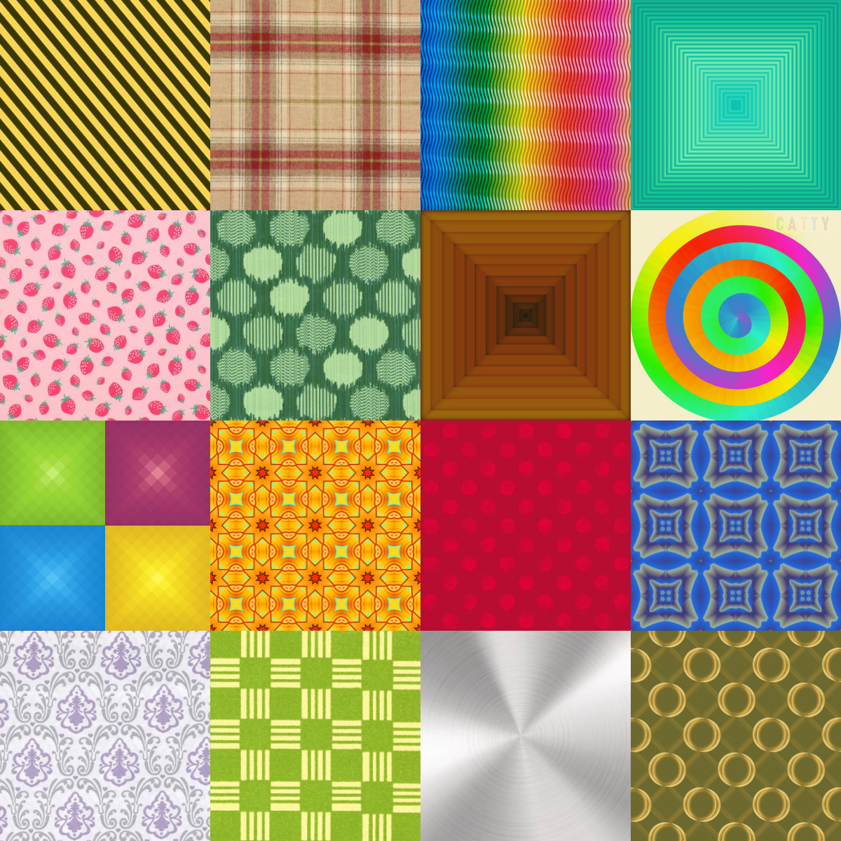 Grid of 20 colorful squares with diverse patterns including stripes, plaids, circles, and geometric designs