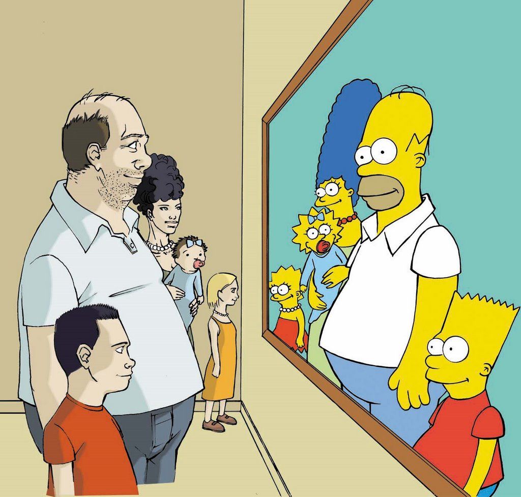 Simpsons family looking at their portrait in museum with real people watching