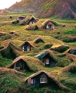 Several traditional turf houses with thick moss and grass-covered roofs on a green hillside